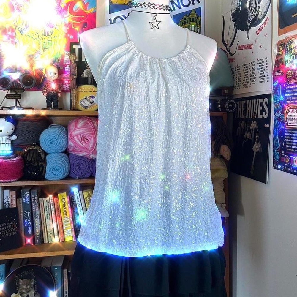 White Sequin Halter Neck Women's Tank Top